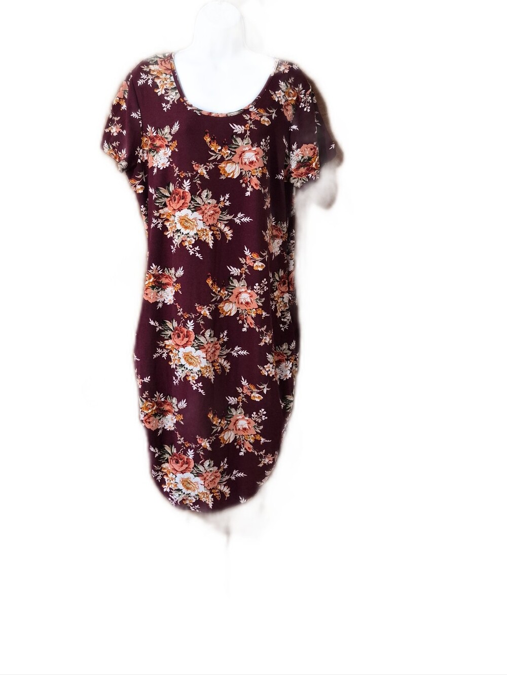 Top Fashion Of NY. Floral Scoop Neck Short Sleeve Dress - Burgundy
